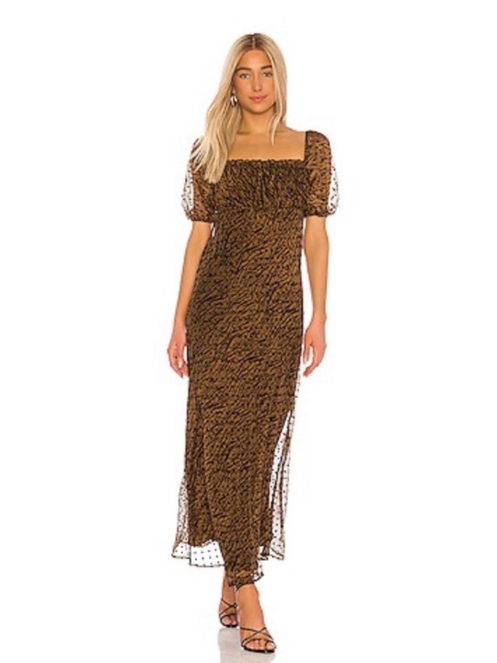 House of Harlow 1960 Brown Animal-Print Puff-Sleeve Maxi Dress